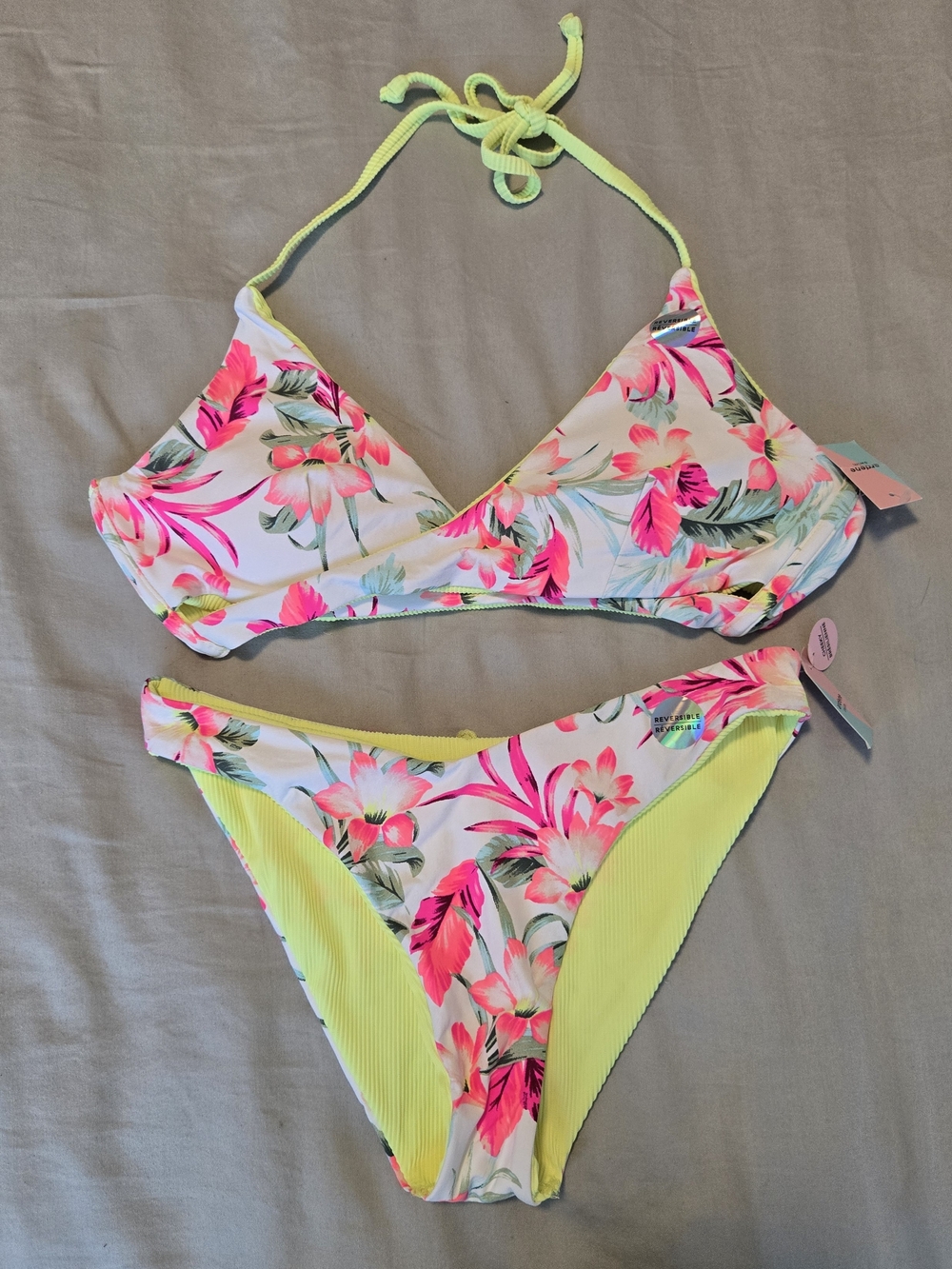 Ardene Neon Pink/Yellow Floral Reversible Bikini Set S/M